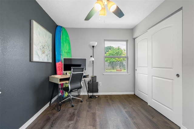 office area featuring ceiling fan, dark hardwood / wood-style floors, and a textured ceiling