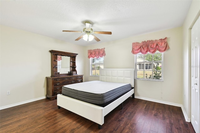 bedroom with multiple windows, ceiling fan, and a closet