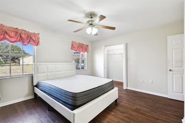 bedroom featuring a walk in closet, a textured ceiling, dark hardwood / wood-style flooring, a closet, and ceiling fan