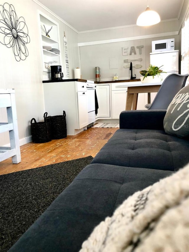 living room with crown molding and built in shelves