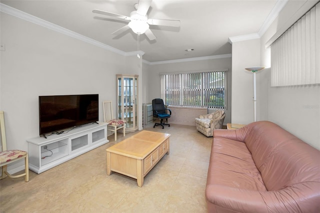 living room with ornamental molding, light tile patterned floors, and ceiling fan