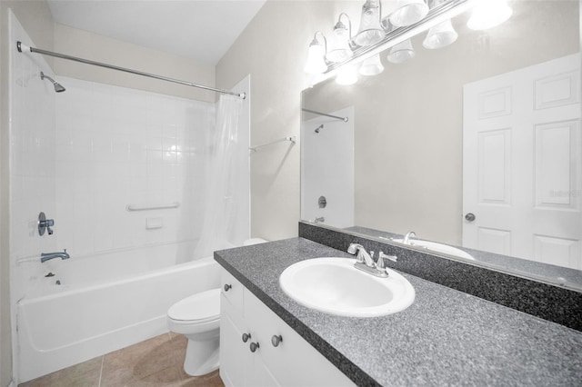 full bathroom with shower / bath combination with curtain, vanity, toilet, and tile patterned flooring