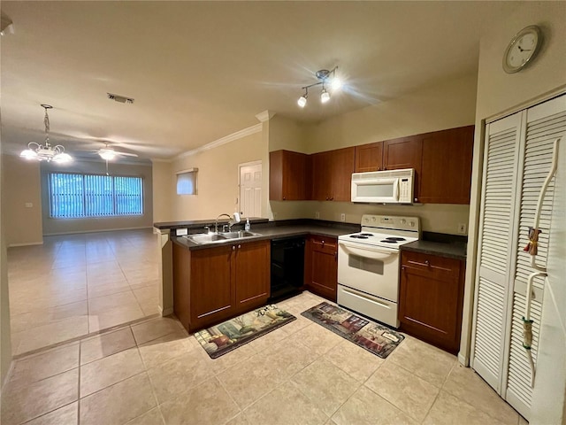 2254 Chianti Pl Unit 68, Palm Harbor, FL 34683 - kitchen with white appliances, a sink, dark countertops, ornamental molding, and open floor plan