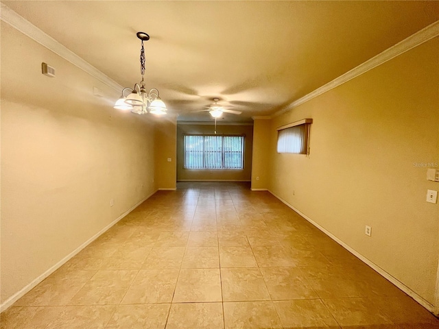 2254 Chianti Pl Unit 68, Palm Harbor, FL 34683 - spare room with crown molding, light tile patterned floors, ceiling fan, a chandelier, and baseboards