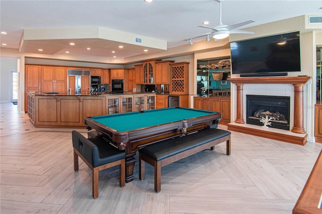 rec room with a fireplace, billiards, wine cooler, ceiling fan, and light parquet flooring