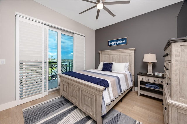 bedroom featuring light hardwood / wood-style flooring, access to outside, and ceiling fan