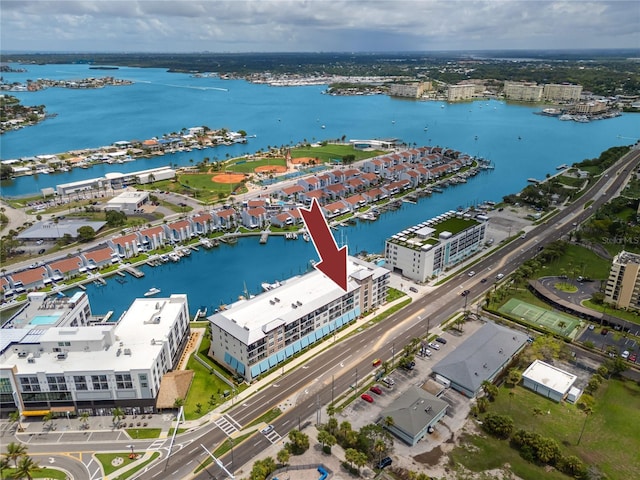 aerial view featuring a water view