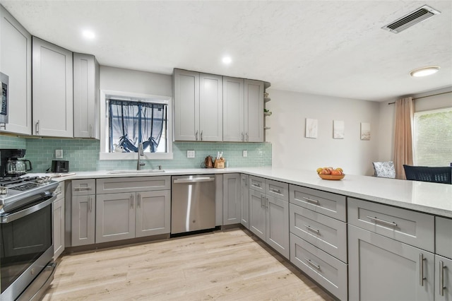 kitchen with gray cabinets, appliances with stainless steel finishes, sink, light hardwood / wood-style floors, and kitchen peninsula