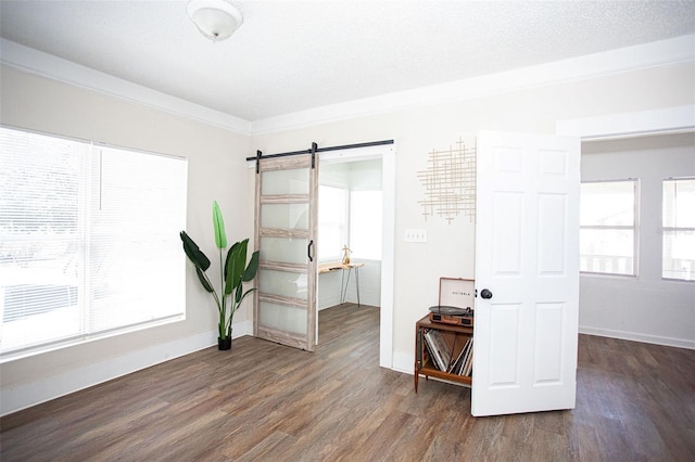 interior space featuring dark wood-type flooring, ornamental molding, a barn door, and a textured ceiling