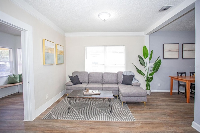 living room featuring crown molding, dark wood-type flooring, and a textured ceiling