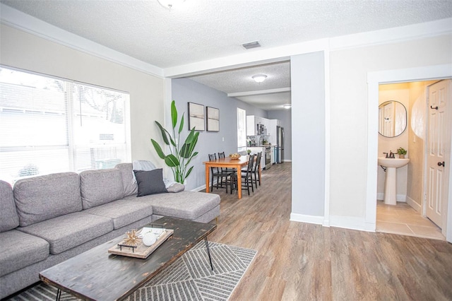 living room featuring light hardwood / wood-style flooring and a textured ceiling