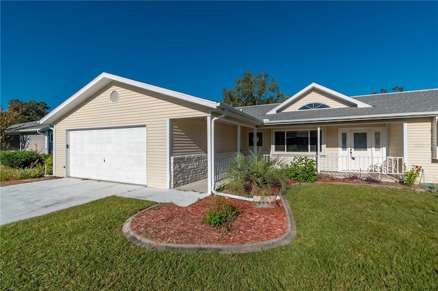 single story home featuring a garage, a front lawn, and a porch