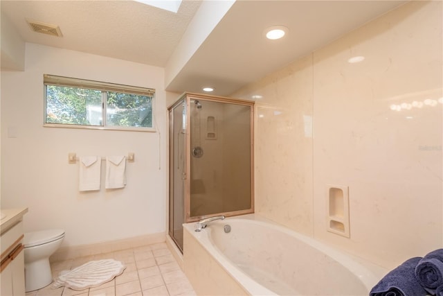 full bathroom with toilet, vanity, plus walk in shower, and tile patterned flooring