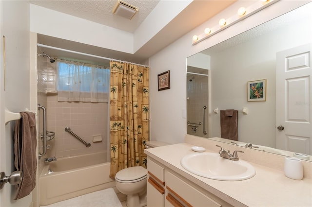 full bathroom featuring vanity, toilet, a textured ceiling, and shower / bath combo with shower curtain