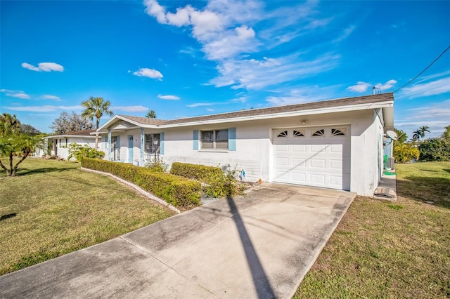 single story home with a garage and a front yard