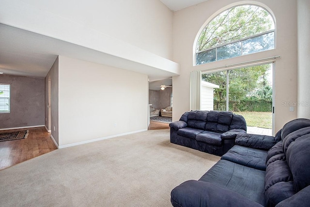 living room with a high ceiling and light colored carpet