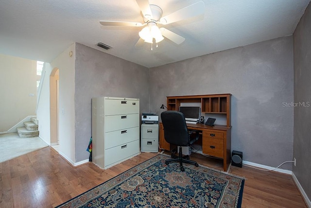 office featuring hardwood / wood-style flooring and ceiling fan