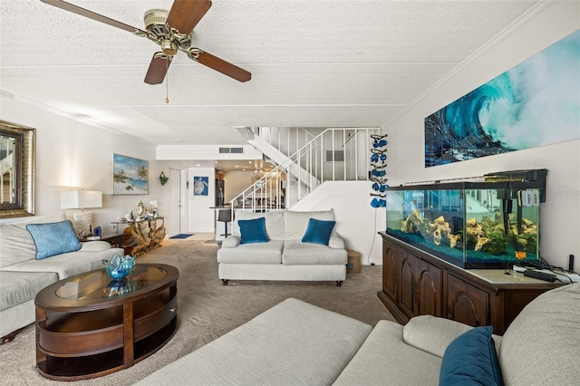 living room with ornamental molding, carpet, ceiling fan, and a textured ceiling