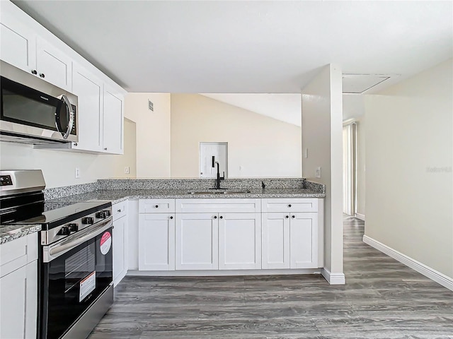 kitchen with white cabinetry, stainless steel appliances, dark wood-type flooring, and sink