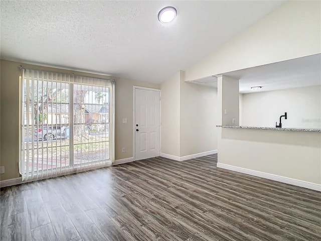 interior space featuring lofted ceiling, dark wood-type flooring, and a textured ceiling