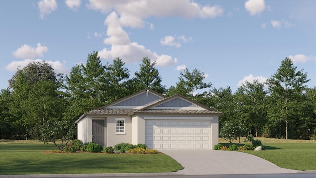 single story home featuring a garage and a front lawn