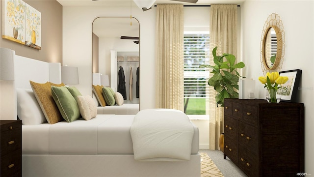 bedroom with light colored carpet and a closet