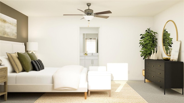 bedroom with ensuite bathroom and ceiling fan