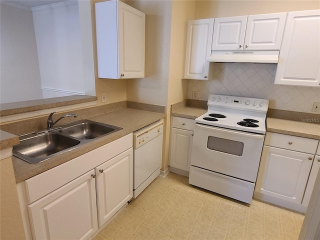 kitchen with white cabinetry, sink, white appliances, and decorative backsplash