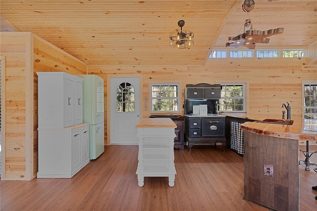 kitchen with lofted ceiling, hardwood / wood-style flooring, wooden ceiling, and wood walls