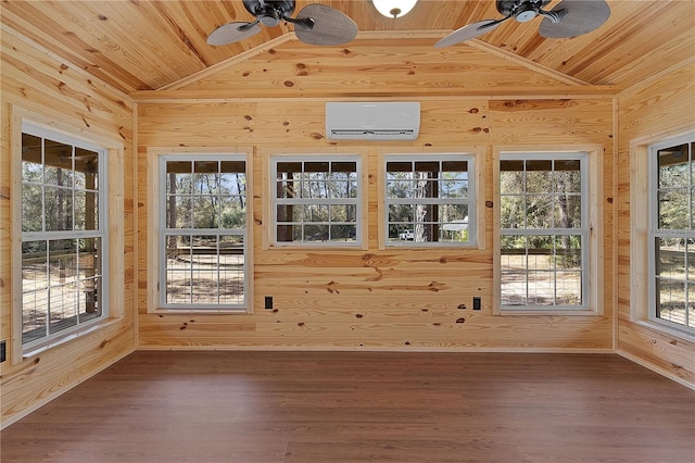 unfurnished sunroom with lofted ceiling, a wall mounted AC, and wooden ceiling