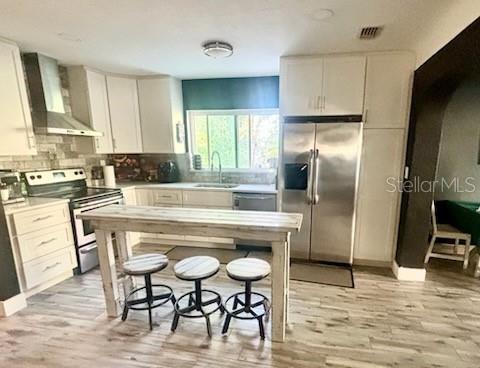 kitchen featuring white cabinetry, appliances with stainless steel finishes, sink, and wall chimney range hood