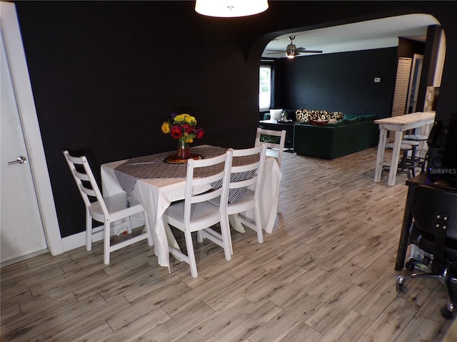 dining space featuring ceiling fan and light hardwood / wood-style floors