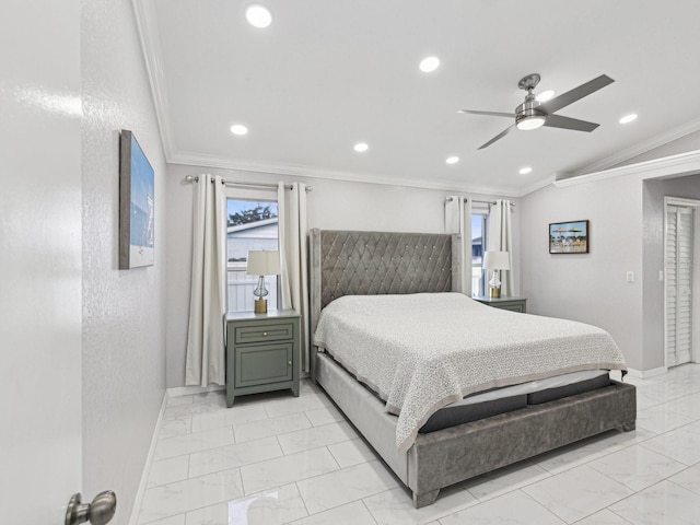 bedroom with ceiling fan, lofted ceiling, and ornamental molding