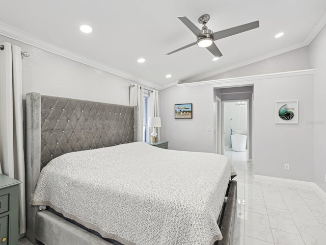 bedroom featuring crown molding, ceiling fan, and vaulted ceiling