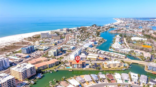 aerial view featuring a water view and a view of the beach