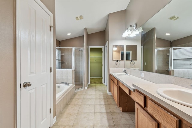 bathroom featuring tile patterned flooring, plus walk in shower, lofted ceiling, and vanity