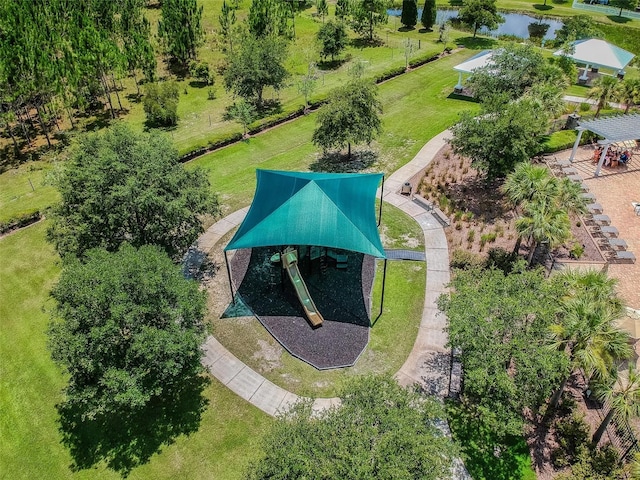 drone / aerial view with a water view