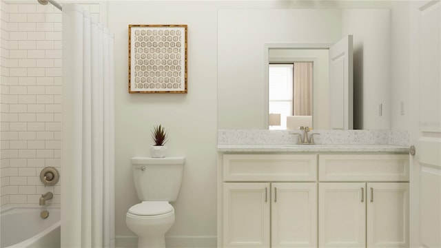 full bathroom featuring vanity, shower / tub combo with curtain, and toilet