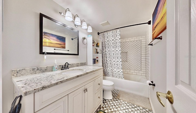 full bathroom with vanity, toilet, tile patterned floors, and shower / bath combo with shower curtain