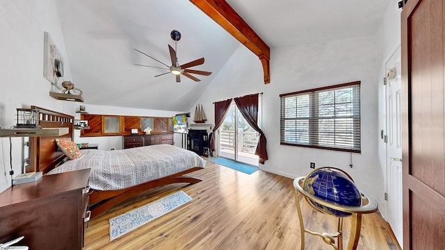 bedroom featuring vaulted ceiling with beams, light wood-type flooring, access to outside, and ceiling fan