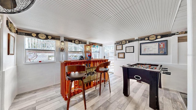 recreation room featuring indoor bar, a wealth of natural light, and light wood-type flooring