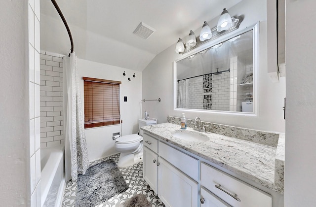 full bathroom with tile patterned floors, toilet, vaulted ceiling, vanity, and shower / bath combination with curtain