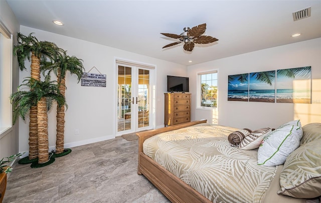 bedroom with french doors, ceiling fan, and access to outside