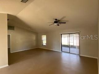 unfurnished room with lofted ceiling and ceiling fan