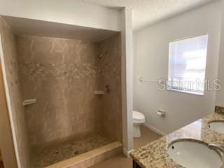 bathroom with walk in shower, vanity, and toilet