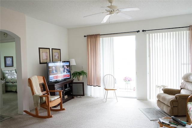 living area featuring ceiling fan, carpet, and a textured ceiling