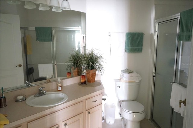 bathroom featuring vanity, an enclosed shower, and toilet