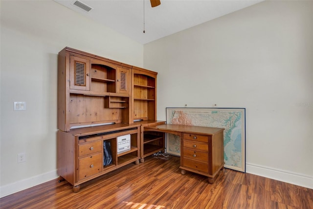 office with visible vents, wood finished floors, a ceiling fan, and baseboards