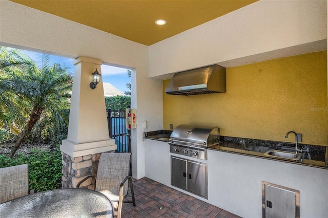 view of patio featuring an outdoor kitchen, outdoor dining space, grilling area, and a sink