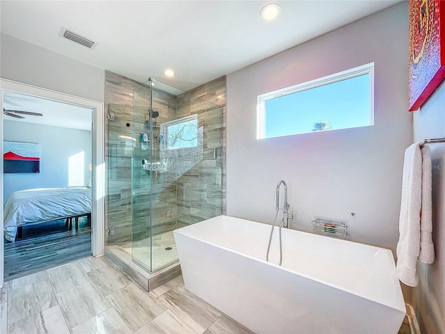 full bath featuring visible vents, ensuite bath, a freestanding tub, recessed lighting, and a shower stall